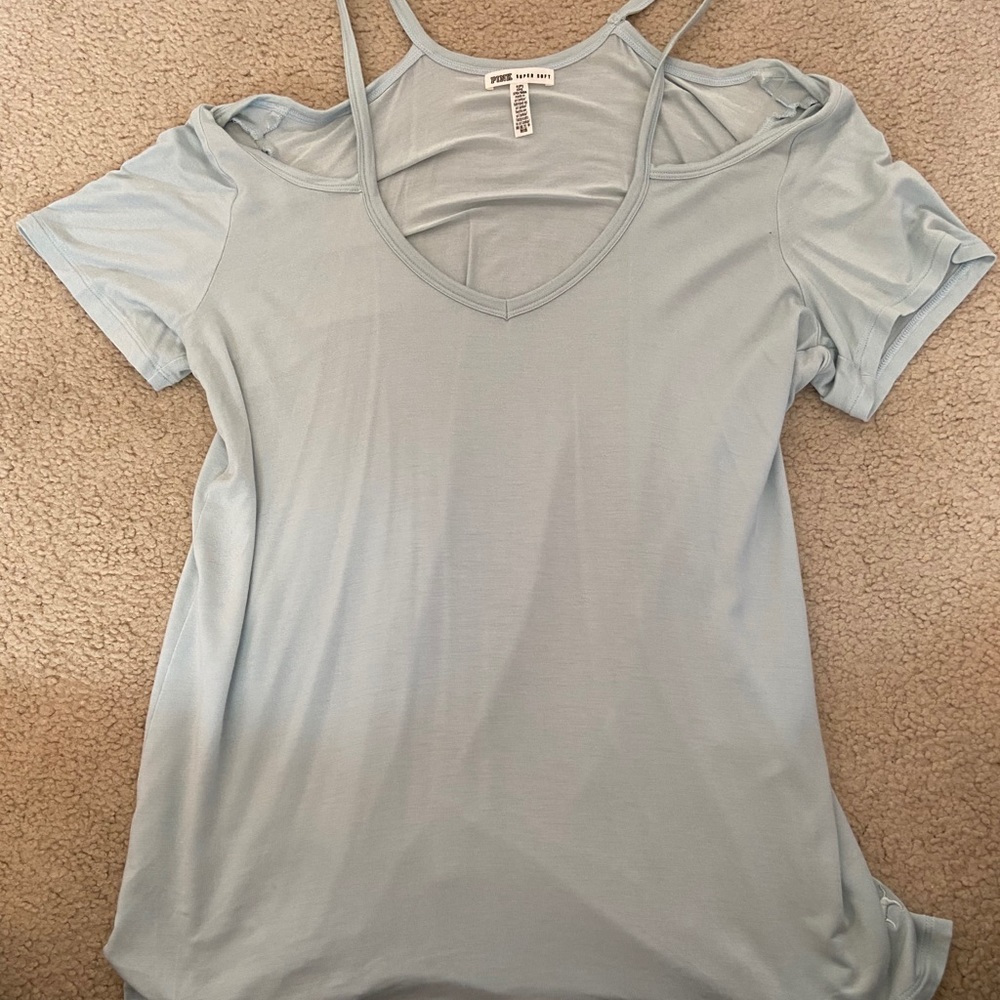 PINK light blue super soft shoulder cut out shirt
